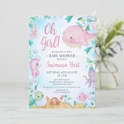 海の赤ちゃんシャワーの下の女の子ピンククジラ 招待状 (スタンド正面)