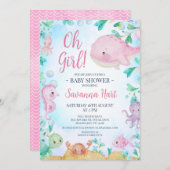 海の赤ちゃんシャワーの下の女の子ピンククジラ 招待状 (正面/裏面)