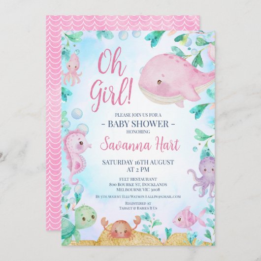 海の赤ちゃんシャワーの下の女の子ピンククジラ 招待状 (正面/裏面)