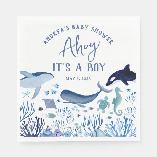 海の赤ちゃんシャワーの下の少年の青 スタンダードランチョンナプキン (正面)