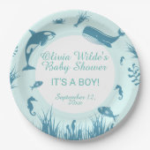 海の赤ちゃんシャワーの下の少年の青 ペーパープレート (正面)