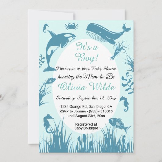 海の赤ちゃんシャワーの下の少年の青 招待状 (正面)