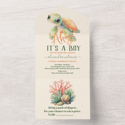 海の赤ちゃんシャワーの下の少年 オールインワン招待状 (内側)
