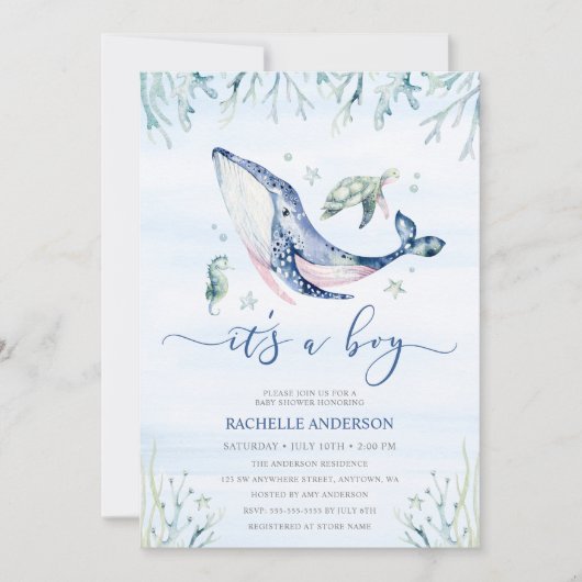 海の赤ちゃんシャワーの下の少年 招待状 (正面)