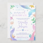 海の赤ちゃんシャワーの下の水色の人魚 招待状 (正面)