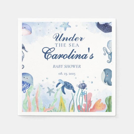 海の赤ちゃんシャワーの下の水色の青 スタンダードカクテルナプキン (正面)
