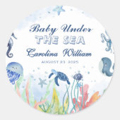 海の赤ちゃんシャワーの下の水色の青 ラウンドシール (正面)