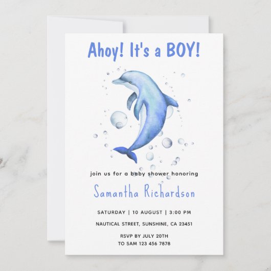 海の赤ちゃんシャワーの下の水色イルカ 招待状 (正面)