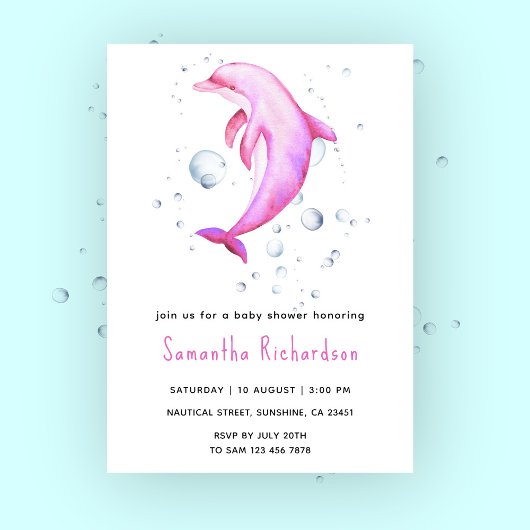 海の赤ちゃんシャワーの下の水色イルカ 招待状
