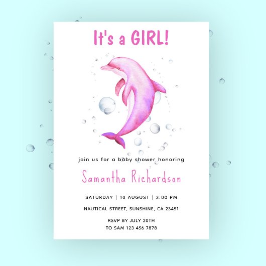 海の赤ちゃんシャワーの下の水色イルカ 招待状