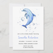 海の赤ちゃんシャワーの下の水色イルカ 招待状 (正面)