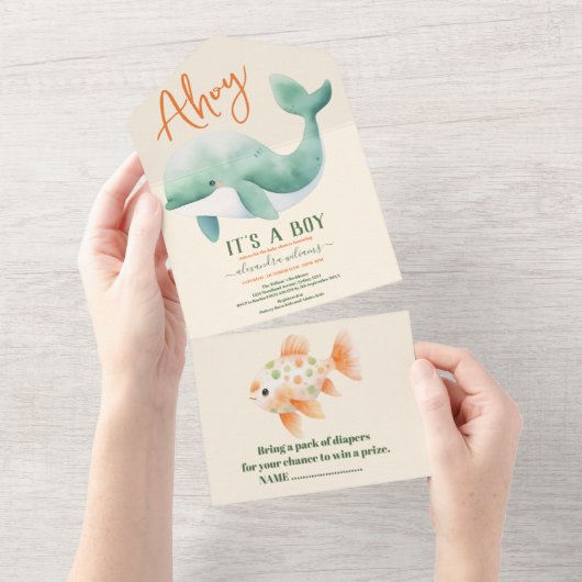 海の赤ちゃんシャワーの下の水色クジラ オールインワン招待状 (貼ってはがせる)