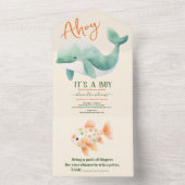 海の赤ちゃんシャワーの下の水色クジラ オールインワン招待状 (内側)