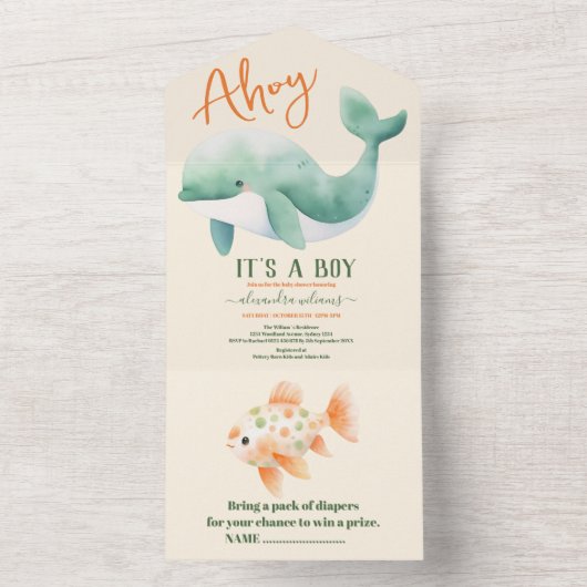 海の赤ちゃんシャワーの下の水色クジラ オールインワン招待状 (内側)