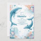 海の赤ちゃんシャワーの下の水色クジラ 招待状 (正面)