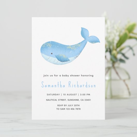 海の赤ちゃんシャワーの下の水色クジラ 招待状 (スタンド正面)