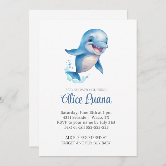 海の赤ちゃんシャワーの下の水色クジラ 招待状 (正面/裏面)