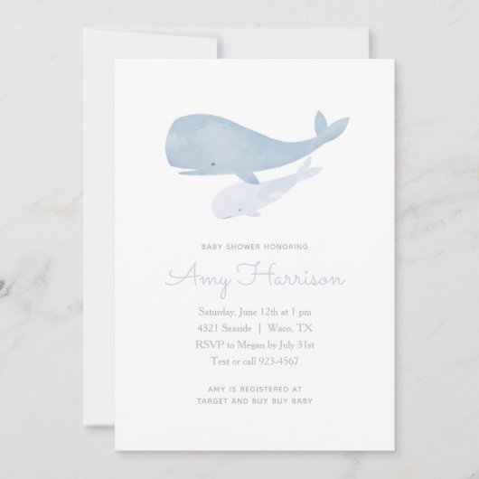 海の赤ちゃんシャワーの下の水色クジラ 招待状 (正面)