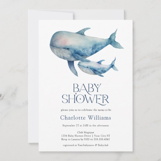 海の赤ちゃんシャワーの下の水色クジラ 招待状 (正面)