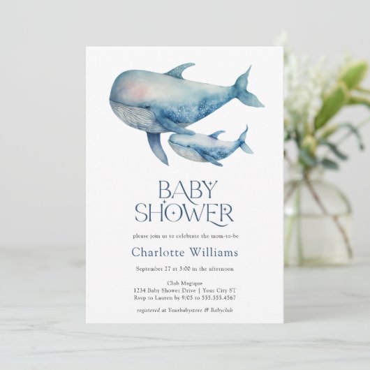 海の赤ちゃんシャワーの下の水色クジラ 招待状 (スタンド正面)
