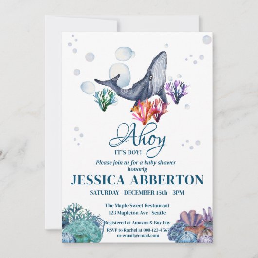 海の赤ちゃんシャワーの下の水色クジラ 招待状 (正面)