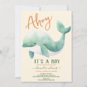 海の赤ちゃんシャワーの下の水色クジラ 招待状 (正面)