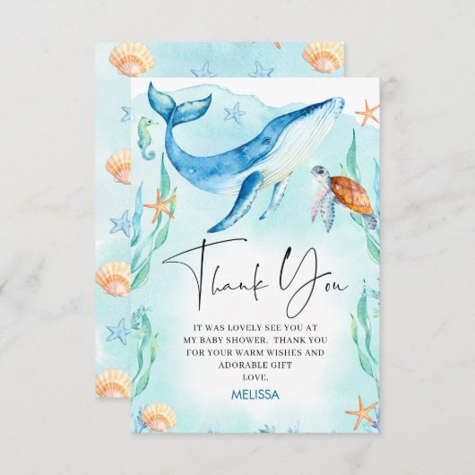 海の赤ちゃんシャワーの下の水色ブルー海 サンキューカード (正面/裏面)