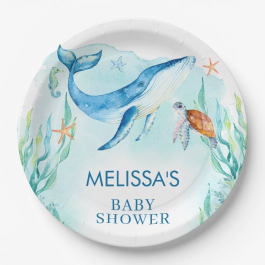 海の赤ちゃんシャワーの下の水色ブルー海 ペーパープレート (正面)