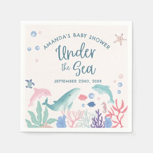 海の赤ちゃんシャワーの下の水色海 スタンダードカクテルナプキン (正面)