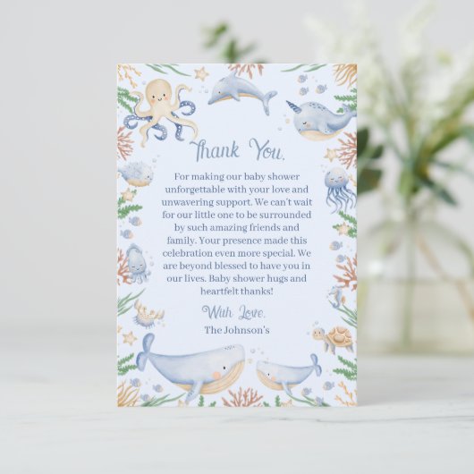 海の赤ちゃんシャワーの下の水色 サンキューカード (スタンド正面)