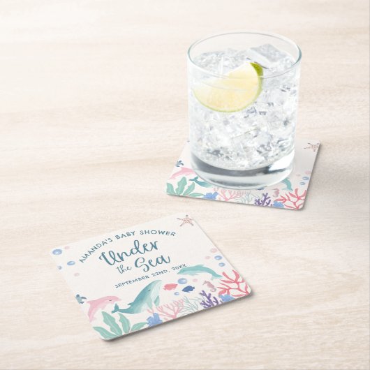 海の赤ちゃんシャワーの下の水色 スクエアペーパーコースター (インサイチュ)