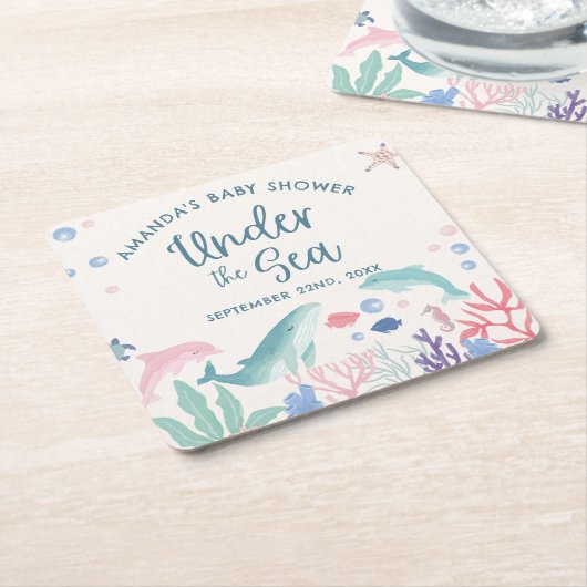 海の赤ちゃんシャワーの下の水色 スクエアペーパーコースター (アングル)