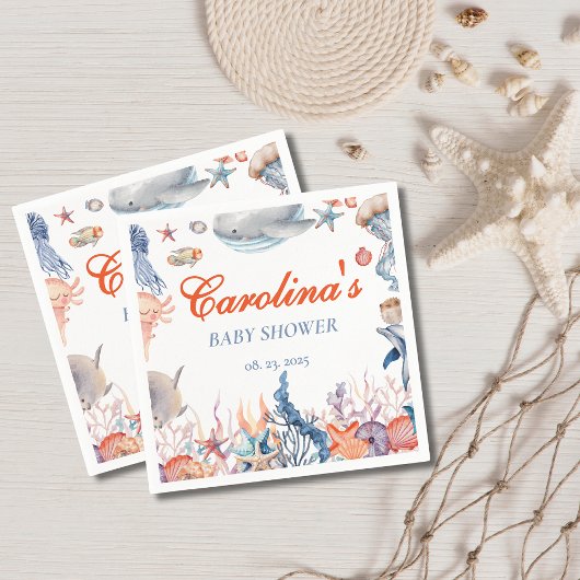 海の赤ちゃんシャワーの下の水色 スタンダードカクテルナプキン