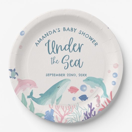 海の赤ちゃんシャワーの下の水色 ペーパープレート (正面)