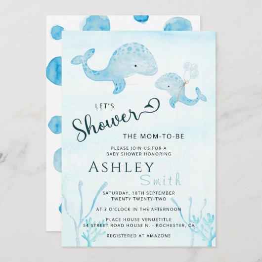 海の赤ちゃんシャワーの下の水色 招待状 (正面/裏面)