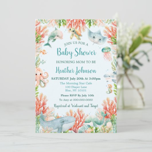 海の赤ちゃんシャワーの下の水色 招待状 (スタンド正面)