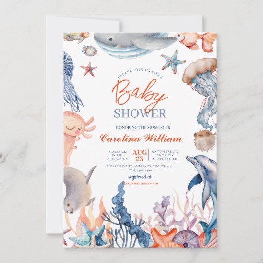 海の赤ちゃんシャワーの下の水色 招待状 (正面)