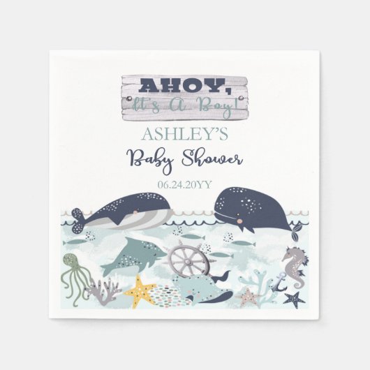 海の赤ちゃんシャワーの下の男の子だ スタンダードカクテルナプキン (正面)