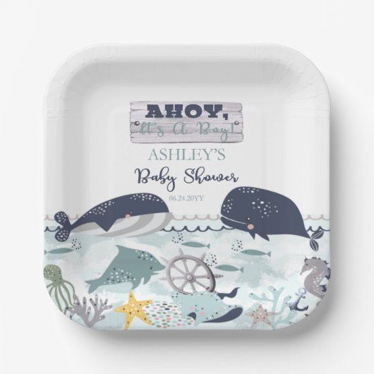 海の赤ちゃんシャワーの下の男の子だ ペーパープレート (正面)