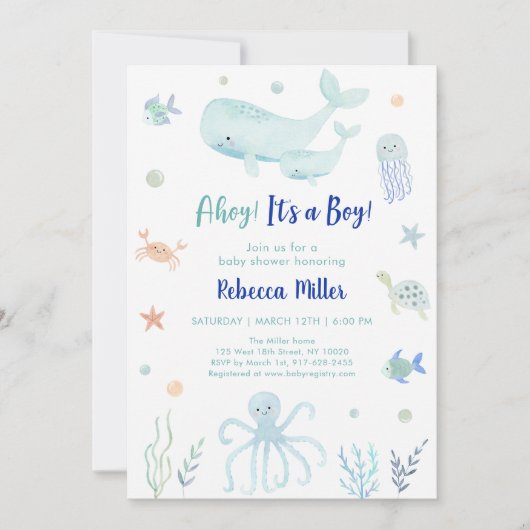 海の赤ちゃんシャワーの下の男の子だ 招待状 (正面)