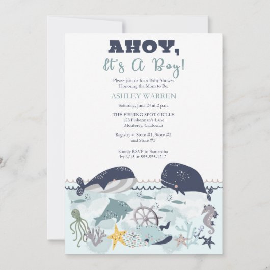 海の赤ちゃんシャワーの下の男の子だ 招待状 (正面)
