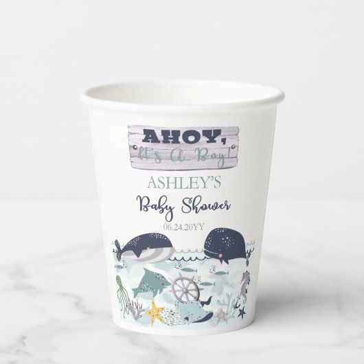 海の赤ちゃんシャワーの下の男の子だ 紙コップ (裏面)