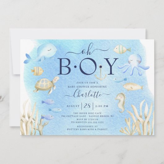 海の赤ちゃんシャワーの下の男の子 招待状 (正面)