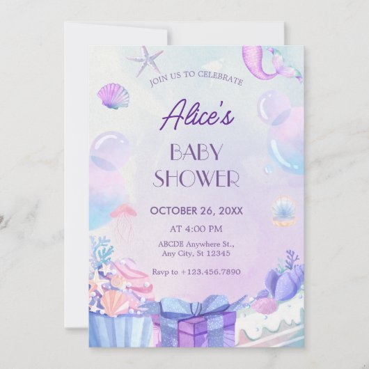 海の赤ちゃんシャワーの下の紫色のグラデーション 招待状 (正面)