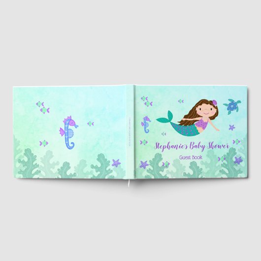 海の赤ちゃんシャワーの下の紫色の人魚 ゲストブック (全面)