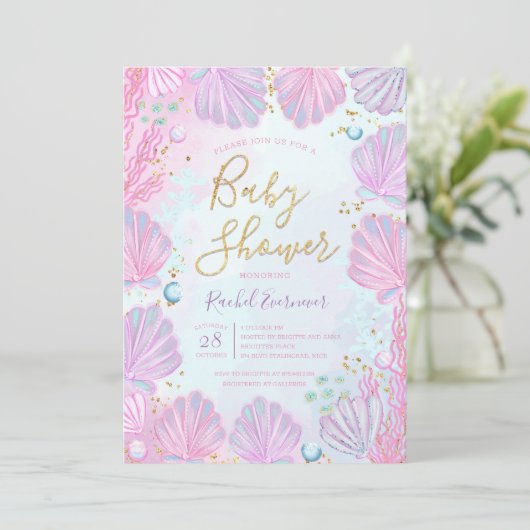 海の赤ちゃんシャワーの下の貝殻 招待状 (スタンド正面)