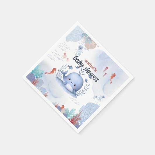 海の赤ちゃんシャワーの下の青いクジラ スタンダードカクテルナプキン (角)