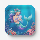海の赤ちゃんシャワーの下の青い人魚 ペーパープレート (正面)