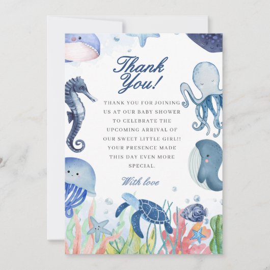 海の赤ちゃんシャワーの下の青い水色 サンキューカード (正面)