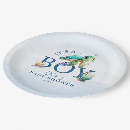 海の赤ちゃんシャワーの下の青い水色 ペーパープレート (アングル)